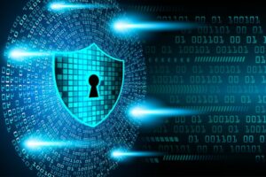 Scudo digitale con icona di lucchetto al centro, circondato da flussi di dati binari e fasci di luce blu, a simboleggiare la sicurezza informatica e la protezione dei dati.