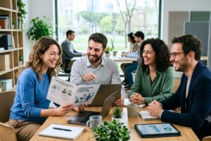 Un gruppo di colleghi sorridenti seduti attorno a un tavolo in un ufficio moderno e luminoso, mentre discutono ed esaminano dei documenti di lavoro.