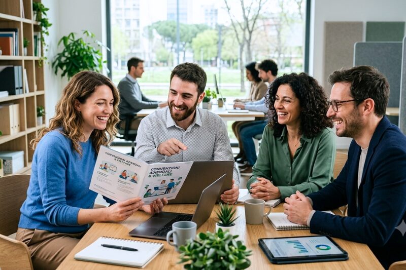 Un gruppo di colleghi sorridenti seduti attorno a un tavolo in un ufficio moderno e luminoso, mentre discutono ed esaminano dei documenti di lavoro.